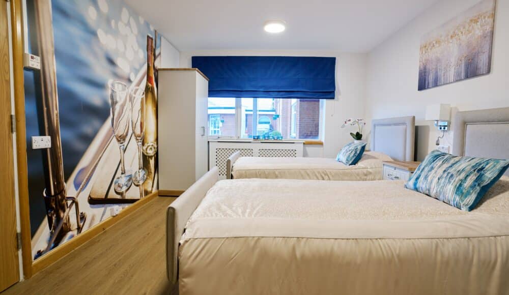 Newly decorated couple bedroom Devonshire Court care home in Leicester.