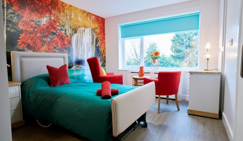 Newly decorated bedroom Devonshire Court care home in Leicester.