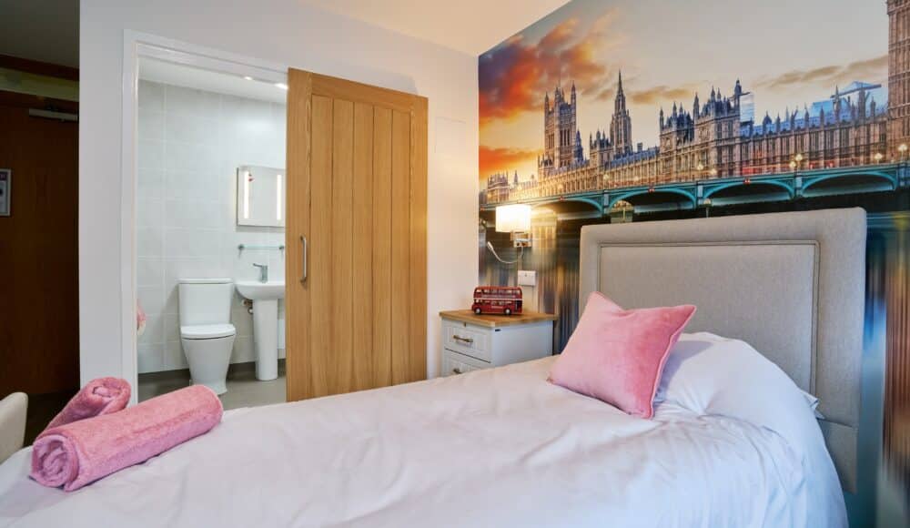 En suite bedroom at Devonshire Court care home in Leicester.