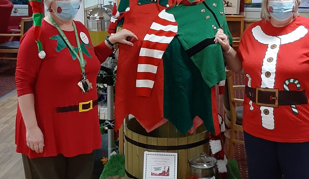Deane and Tracey at Lord Harris Court dressed up as Elves
