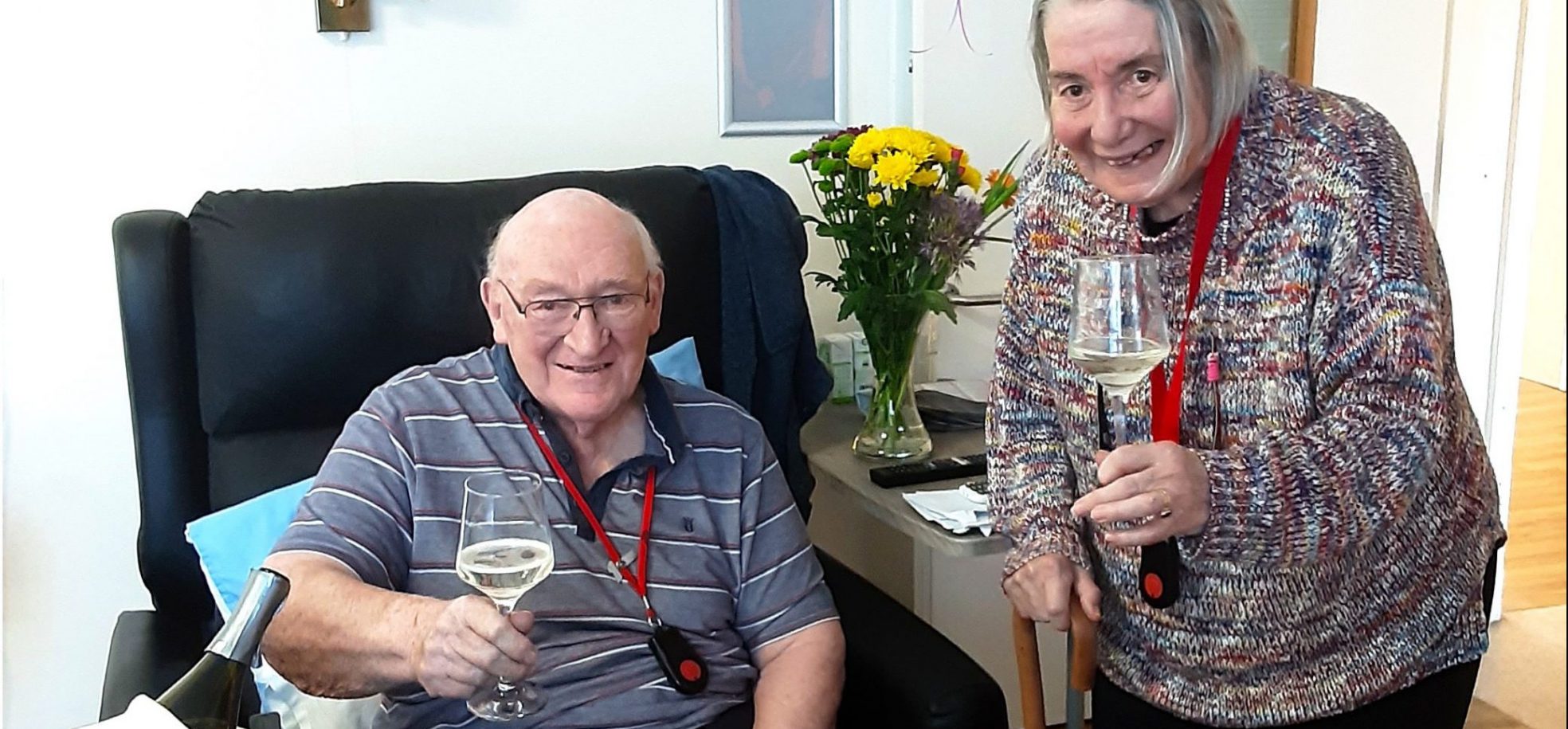Residents Arthur (Ron) and Francine Twitchett celebrate their long-awaited reunion at RMBI Home Lord Harris Court, in Berkshire