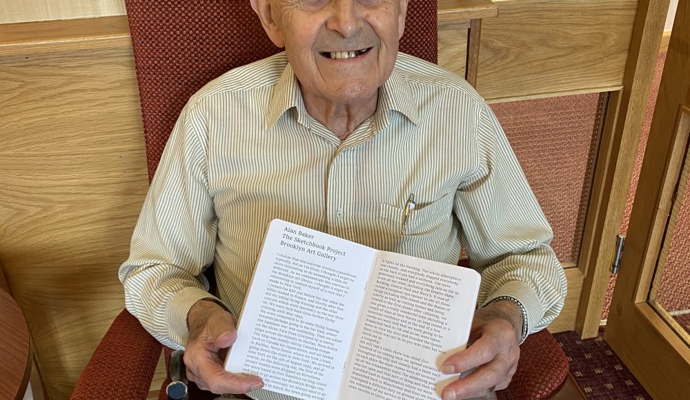 Resident Alan Baker aged 95, with his Storytelling and drawings about his visit to New York during the Second World War, when he was serving in the RAF