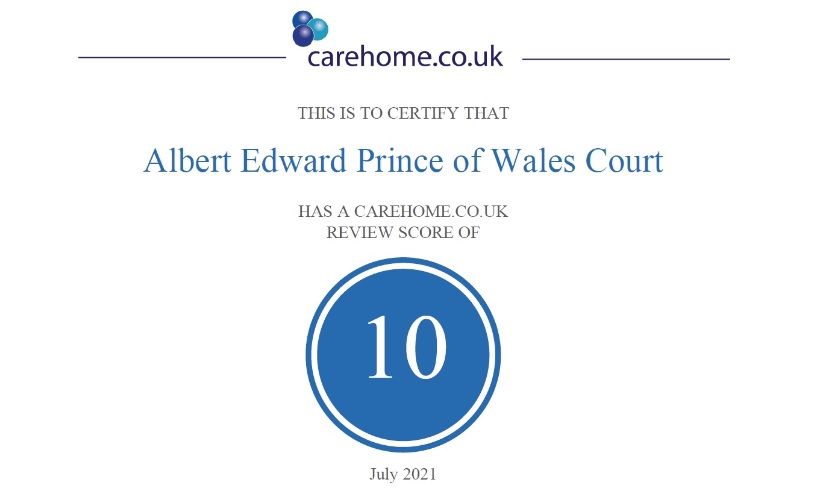 Albert Edward Prince of Wales Court achieves top marks on leading care home review website