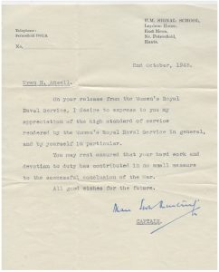 Nina’s Wren discharge letter, dated 2nd October 1945.