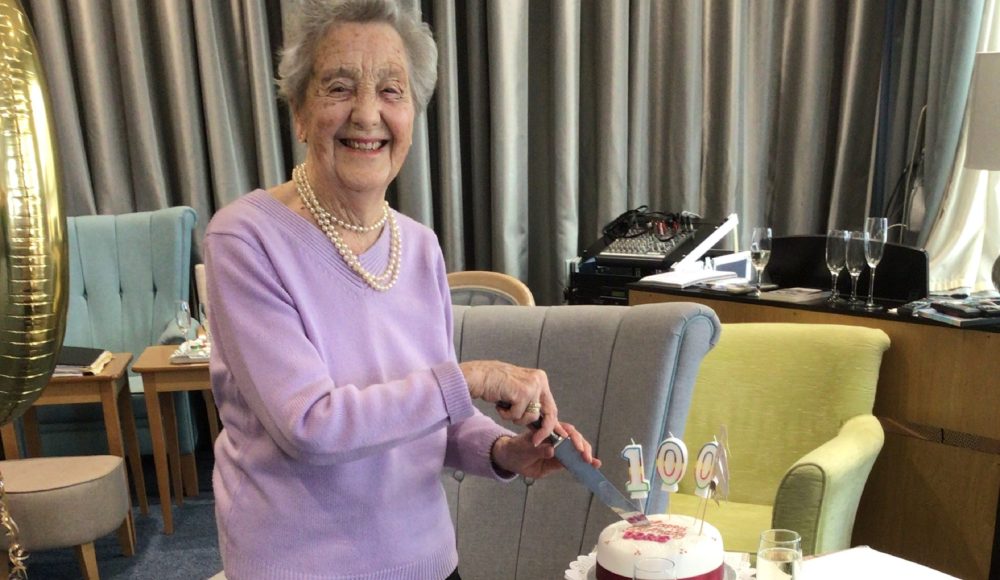 RMBI Home Connaught Court resident Doris Lee, celebrates her 100th birthday at the Home where she enjoyed a beautiful cake and flowers