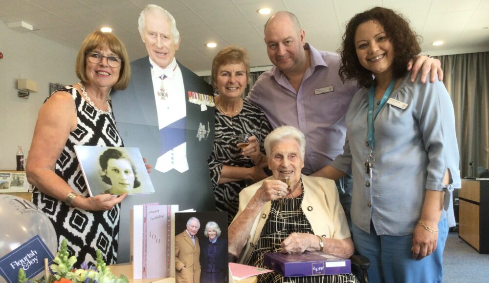 RMBI Care Co. Home Connaught Court resident Sheila Bendig celebrates her 100th birthday with her daughters Kathryn Trounson and Jane Beale, Assistant Home Manager Kris Kirk and Home Manager Marinda Aydinalp