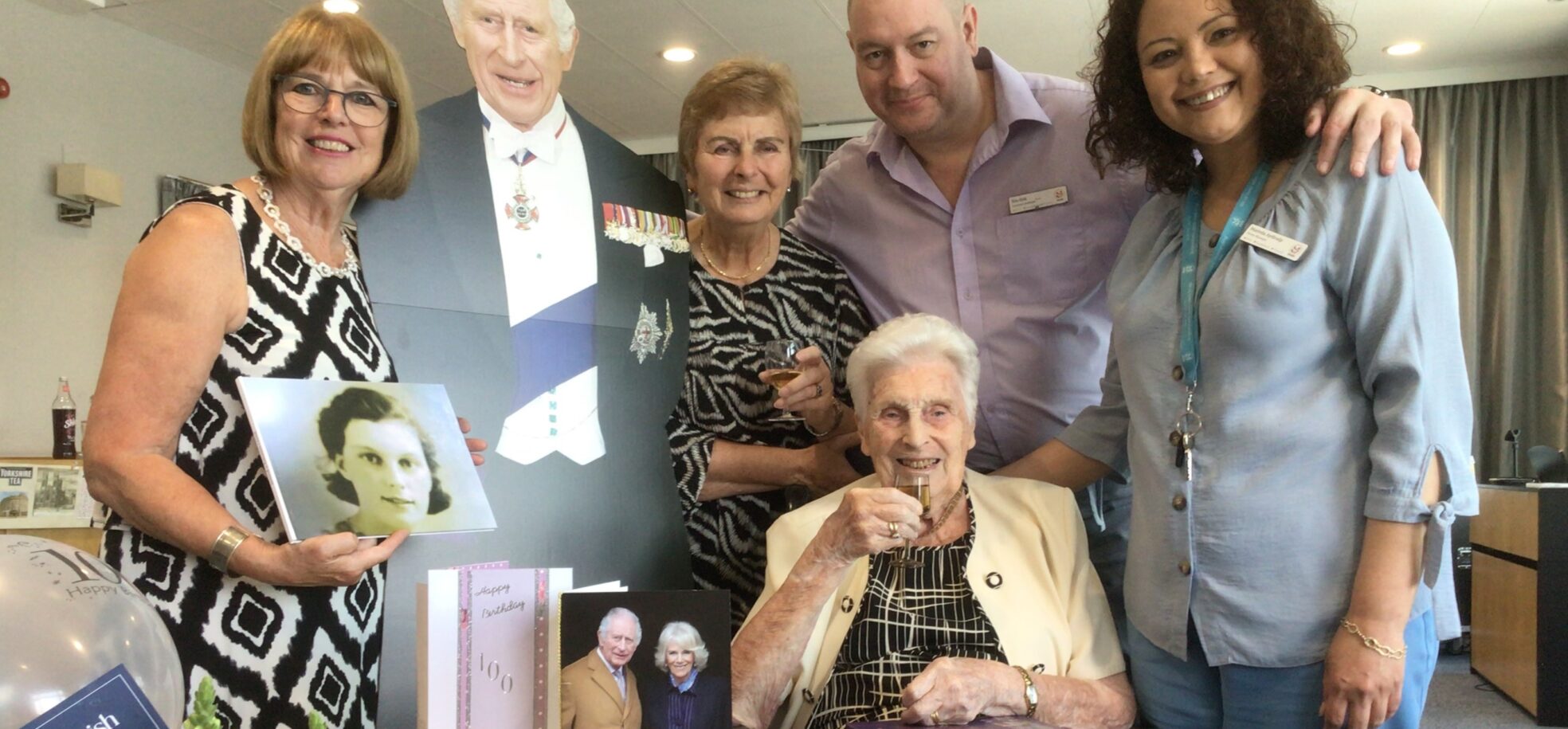 RMBI Care Co. Home Connaught Court resident Sheila Bendig celebrates her 100th birthday with her daughters Kathryn Trounson and Jane Beale, Assistant Home Manager Kris Kirk and Home Manager Marinda Aydinalp