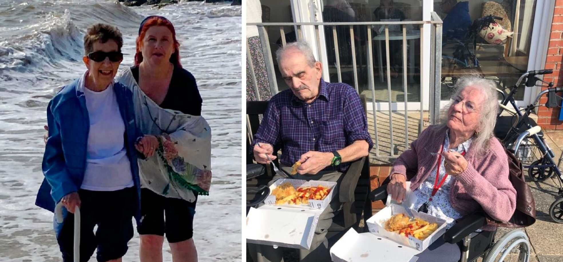 On the left side, resident Marion beams as she dips her toes in the sea, supported by staff member Anita. The resident wears sunglasses, has short hair and her trousers are rolled up. On the left side, in a separate image, residents Trevor and Carole tuck eat fish and chips on a beach trip to Felixstowe. They are both sitting in wheelchairs and their food is in cardboard boxes.