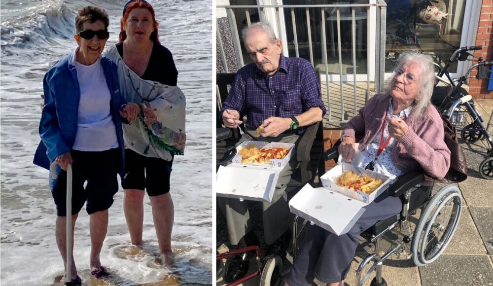 On the left side, resident Marion beams as she dips her toes in the sea, supported by staff member Anita. The resident wears sunglasses, has short hair and her trousers are rolled up. On the left side, in a separate image, residents Trevor and Carole tuck eat fish and chips on a beach trip to Felixstowe. They are both sitting in wheelchairs and their food is in cardboard boxes.