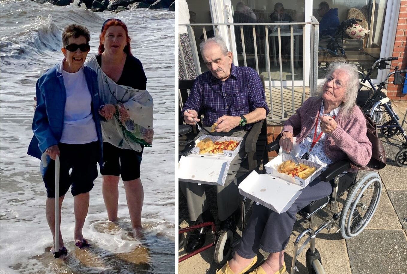 On the left side, resident Marion beams as she dips her toes in the sea, supported by staff member Anita. The resident wears sunglasses, has short hair and her trousers are rolled up. On the left side, in a separate image, residents Trevor and Carole tuck eat fish and chips on a beach trip to Felixstowe. They are both sitting in wheelchairs and their food is in cardboard boxes.