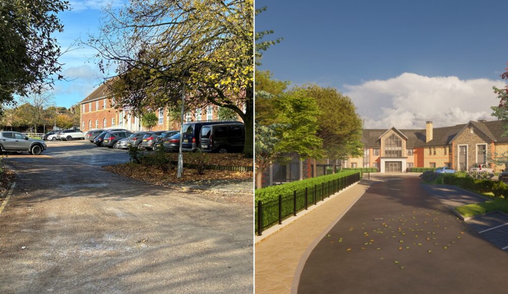 Left Image: The main entrance now features a new car park with fresh tarmac is ready for staff and visitors at Cornwallis Court in Bury St Edmunds. Right Image : Artist impression of the front view of the new care home completed with a new care park, trees and a modern building in Bury St Edmunds.