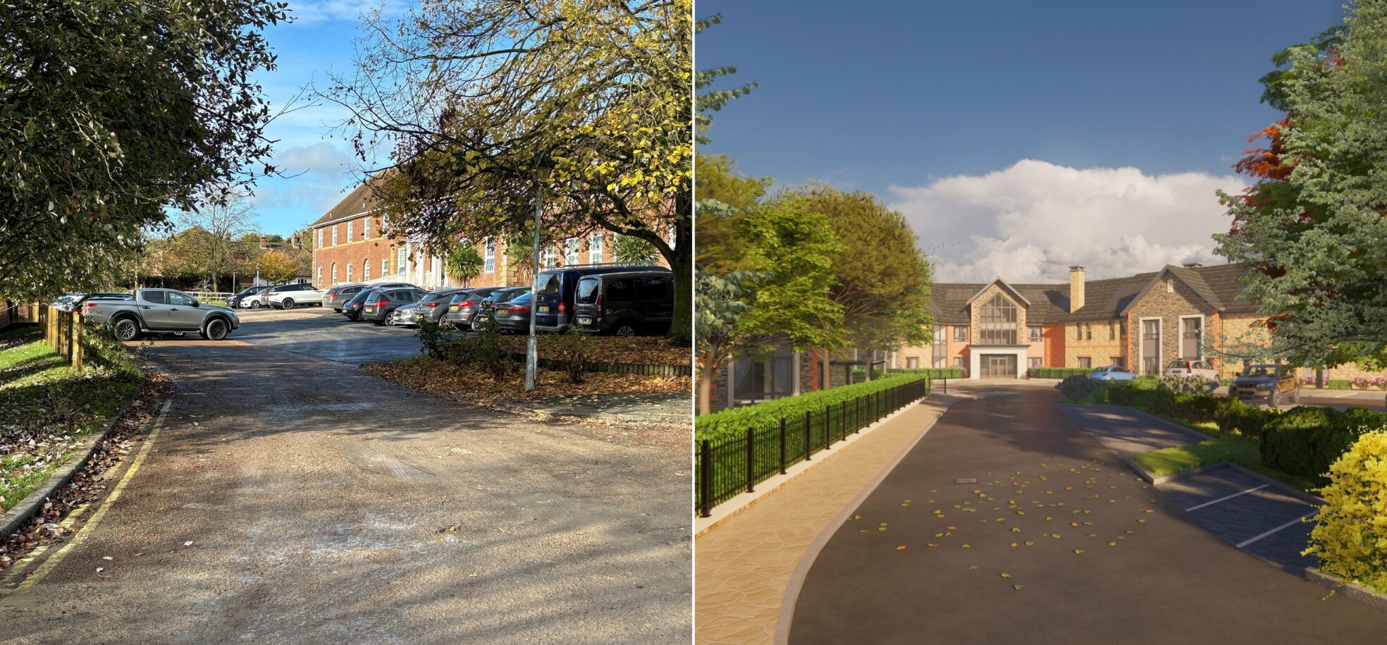 Left Image: The main entrance now features a new car park with fresh tarmac is ready for staff and visitors at Cornwallis Court in Bury St Edmunds. Right Image : Artist impression of the front view of the new care home completed with a new care park, trees and a modern building in Bury St Edmunds.