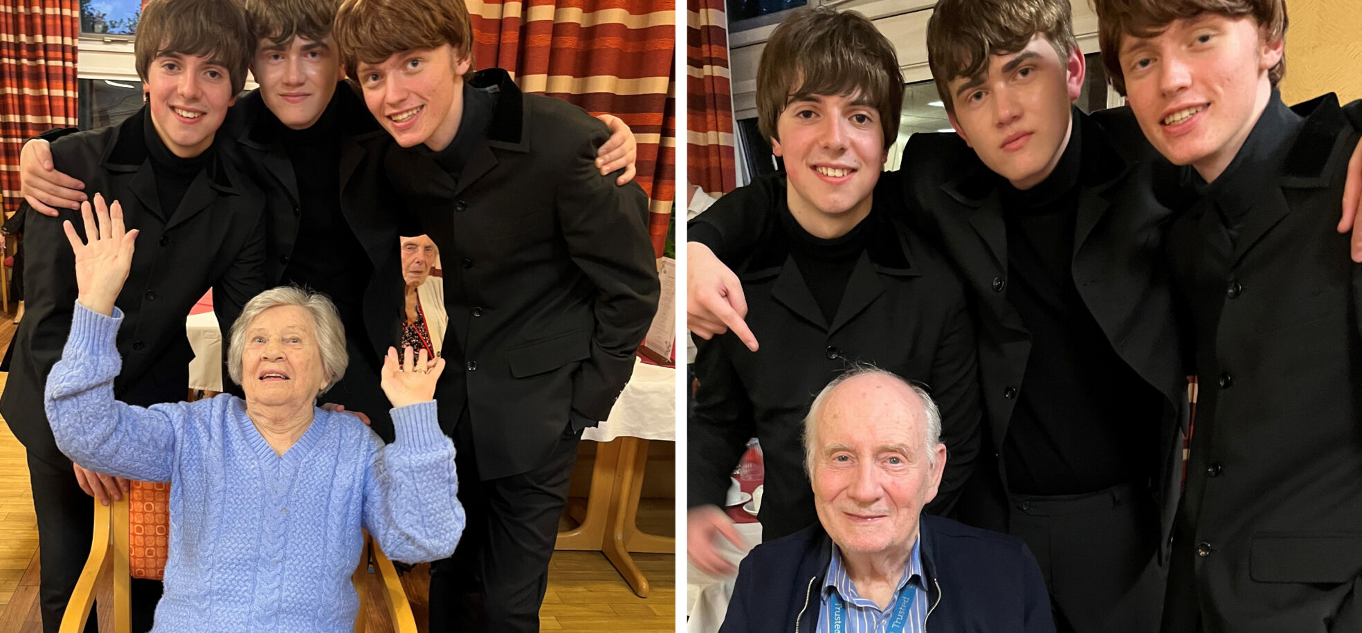 On the left, resident Stevie in a blue jumper at RMBI Care Co. Home Prince George Duke of Kent Court, in Chislehurst, in awe of the three young boys from Liverpool Lads, a Beatles tribute band. On the left, resident Paul in a stripy shirt and navy jacket poses with the three young boys Alex, Michael and Alex from Liverpool Lads at RMBI Care Co. Home Prince George Duke of Kent Court, in Chislehurst.