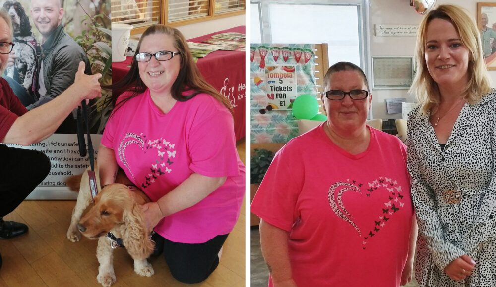 Left picture: Care worker Tracey Nichol in a pink top with a love hear t on it from RMBI Care Co. Home Scarbrough Court, in Cramlington, Northumberland with volunteer Martin Peagam in a red polo shirt, and his hearing dog, Inca, from Newcastle Hearing Dogs for Deaf People. Image 3: Tracey Nichol in a pink top proudly showing off her ’new look’ with Activities Coordinator Stacey Louise wearing a white top with black dots at RMBI Care Co. Home Scarbrough Court, in Cramlington, Northumberland.