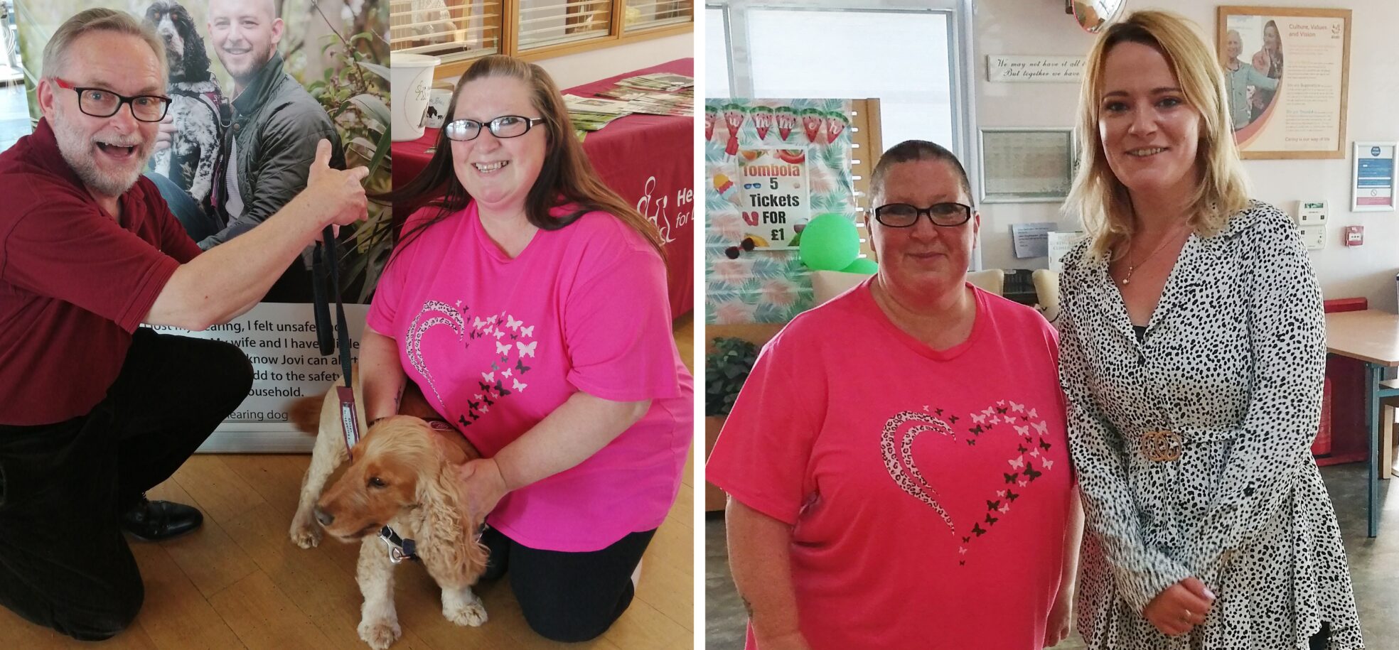 Left picture: Care worker Tracey Nichol in a pink top with a love hear t on it from RMBI Care Co. Home Scarbrough Court, in Cramlington, Northumberland with volunteer Martin Peagam in a red polo shirt, and his hearing dog, Inca, from Newcastle Hearing Dogs for Deaf People. Image 3: Tracey Nichol in a pink top proudly showing off her ’new look’ with Activities Coordinator Stacey Louise wearing a white top with black dots at RMBI Care Co. Home Scarbrough Court, in Cramlington, Northumberland.