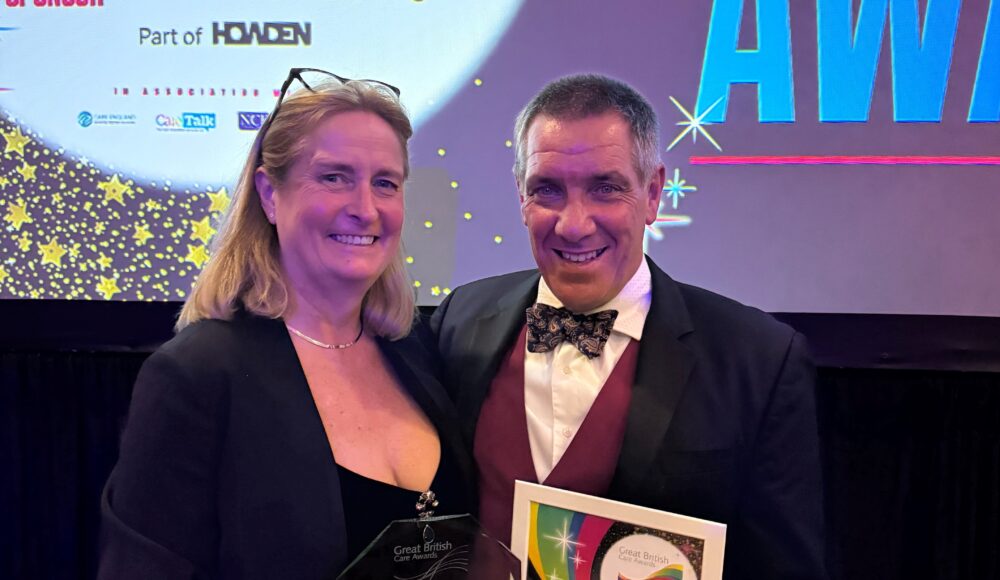 RMBI Care Co.’s Regional Manager for the central region and former Home Manager, Denise O’Brien, proudly holds up her trophy at the Great British Care Awards gala for the East of England, in Milton Keynes. Pictured here with her husband Neil O’Brien.