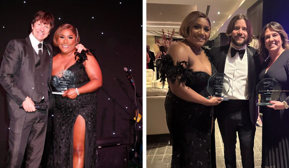 Left: Clinical Nurse Manager Tonya Bibby in a long black evening gown with feathered off shoulder sleeves proudly shows her glass award for Social Care Nurse at the London Great British Care Awards, with guest presenter Steve Walls in a satin three piece suit. Right: Clinical Nurse Manager Tonya Bibby in a long black evening gown with feathered off shoulder sleeves, with Jordi Sirera, National Clinical Governance Lead in a black tuxedo,and Nina Stephens in a long navy dress and gold belt, Home Manager at Prince George Duke of Kent Court, who also won the Care Home Registered Manager award.