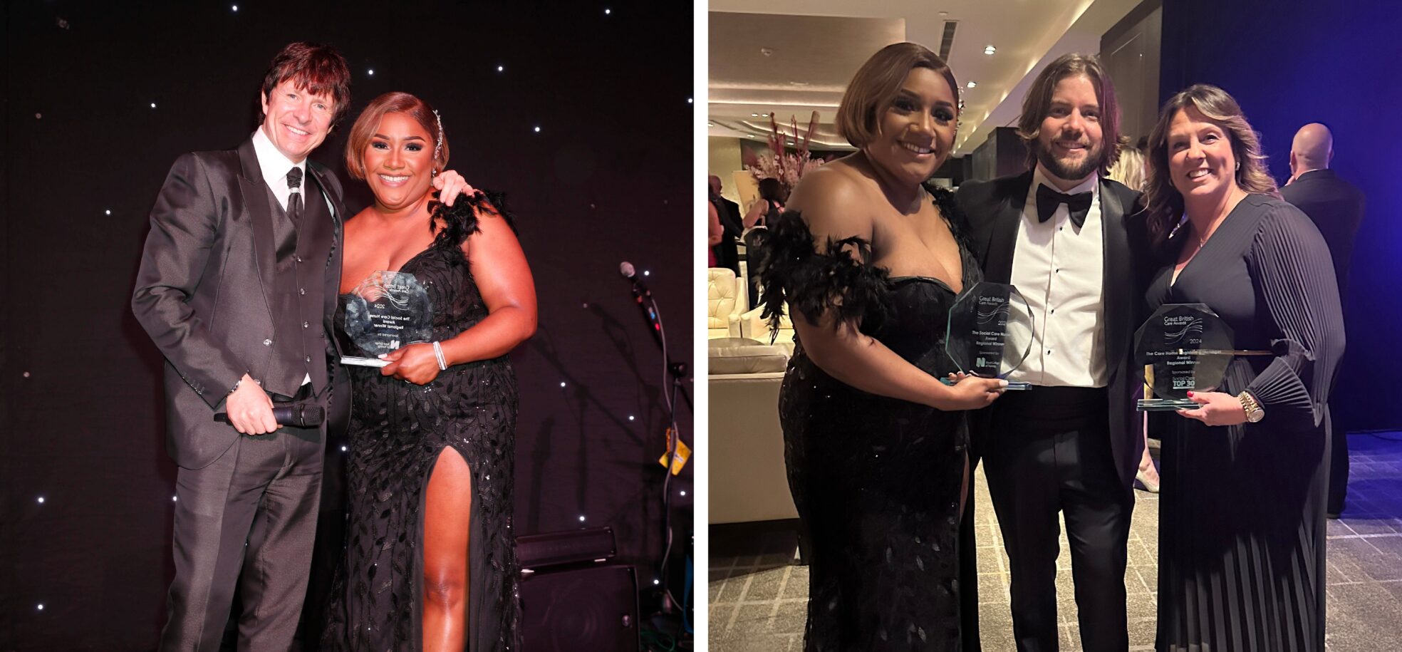 Left: Clinical Nurse Manager Tonya Bibby in a long black evening gown with feathered off shoulder sleeves proudly shows her glass award for Social Care Nurse at the London Great British Care Awards, with guest presenter Steve Walls in a satin three piece suit. Right: Clinical Nurse Manager Tonya Bibby in a long black evening gown with feathered off shoulder sleeves, with Jordi Sirera, National Clinical Governance Lead in a black tuxedo,and Nina Stephens in a long navy dress and gold belt, Home Manager at Prince George Duke of Kent Court, who also won the Care Home Registered Manager award.