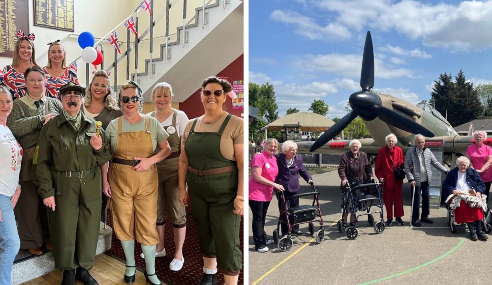 (Left): Staff at RMBI Care Co. Home Prince George Duke of Kent Court, in Chislehurst, dressing up in 1940s style clothes to celebrates VE Day. (Right): Residents and staff from RMBI Care Co. Home Prince George Duke of Kent Court, in Chislehurst, are amazed to see a WWII war plane at Oakfield School, in Dartford.