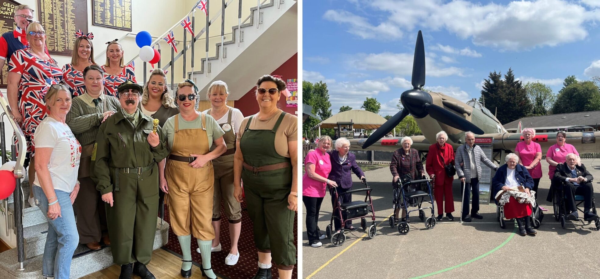 (Left): Staff at RMBI Care Co. Home Prince George Duke of Kent Court, in Chislehurst, dressing up in 1940s style clothes to celebrates VE Day. (Right): Residents and staff from RMBI Care Co. Home Prince George Duke of Kent Court, in Chislehurst, are amazed to see a WWII war plane at Oakfield School, in Dartford.