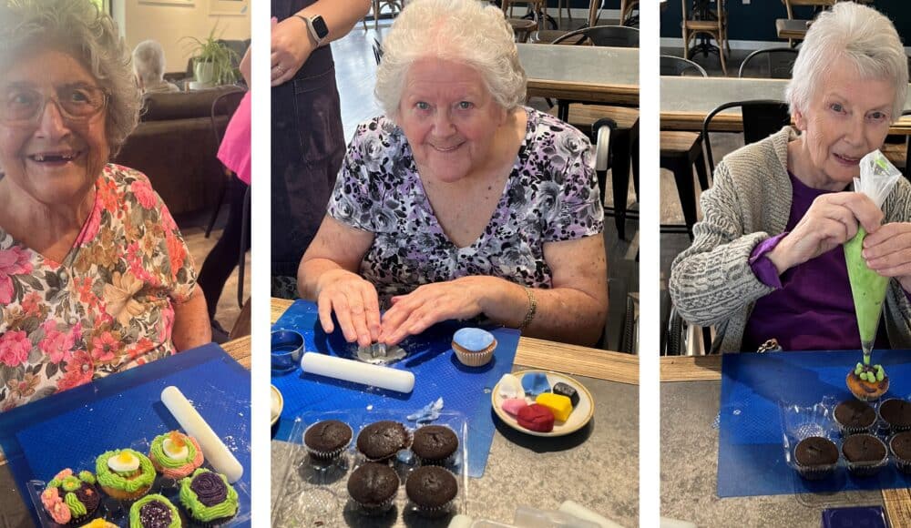 Residents happily decorates their cupcakes at RMBI Care Co. Home Prince George Duke of Kent Court, in Chislehurst.