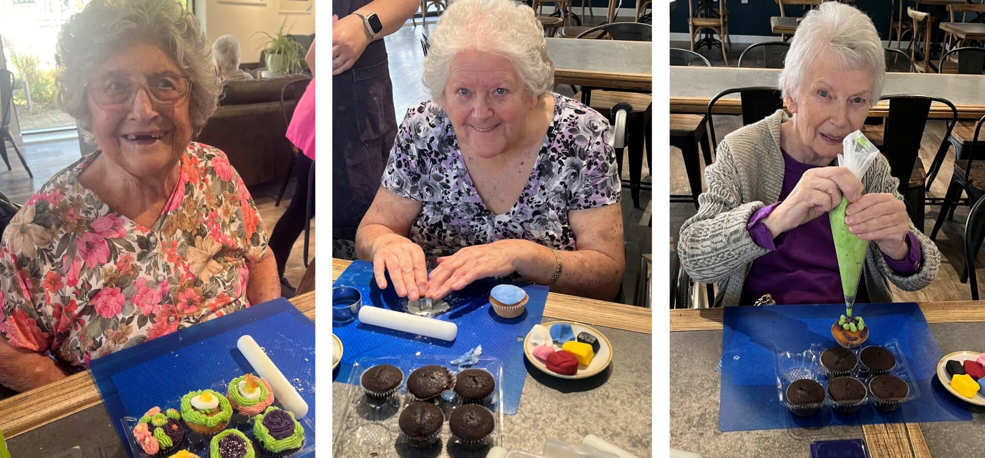 Residents happily decorates their cupcakes at RMBI Care Co. Home Prince George Duke of Kent Court, in Chislehurst.