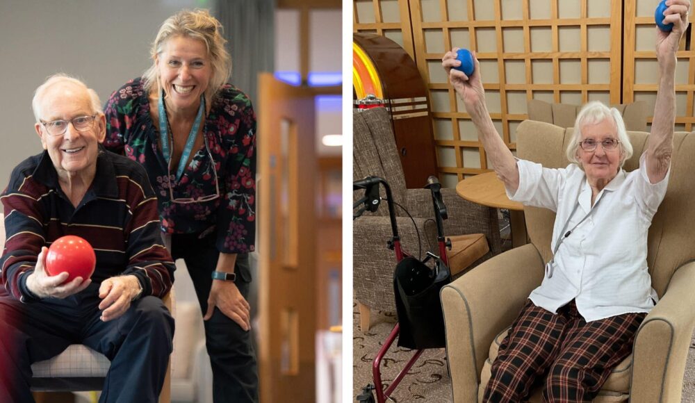 Left: Care home resident Gary enjoys a game of boules whilst Activities Coordinator Fran cheers him on at Connaught Court, in York. Right: Care home resident Jean tries hand strengthening exercises at Prince Michael of Kent Court, in Watford.