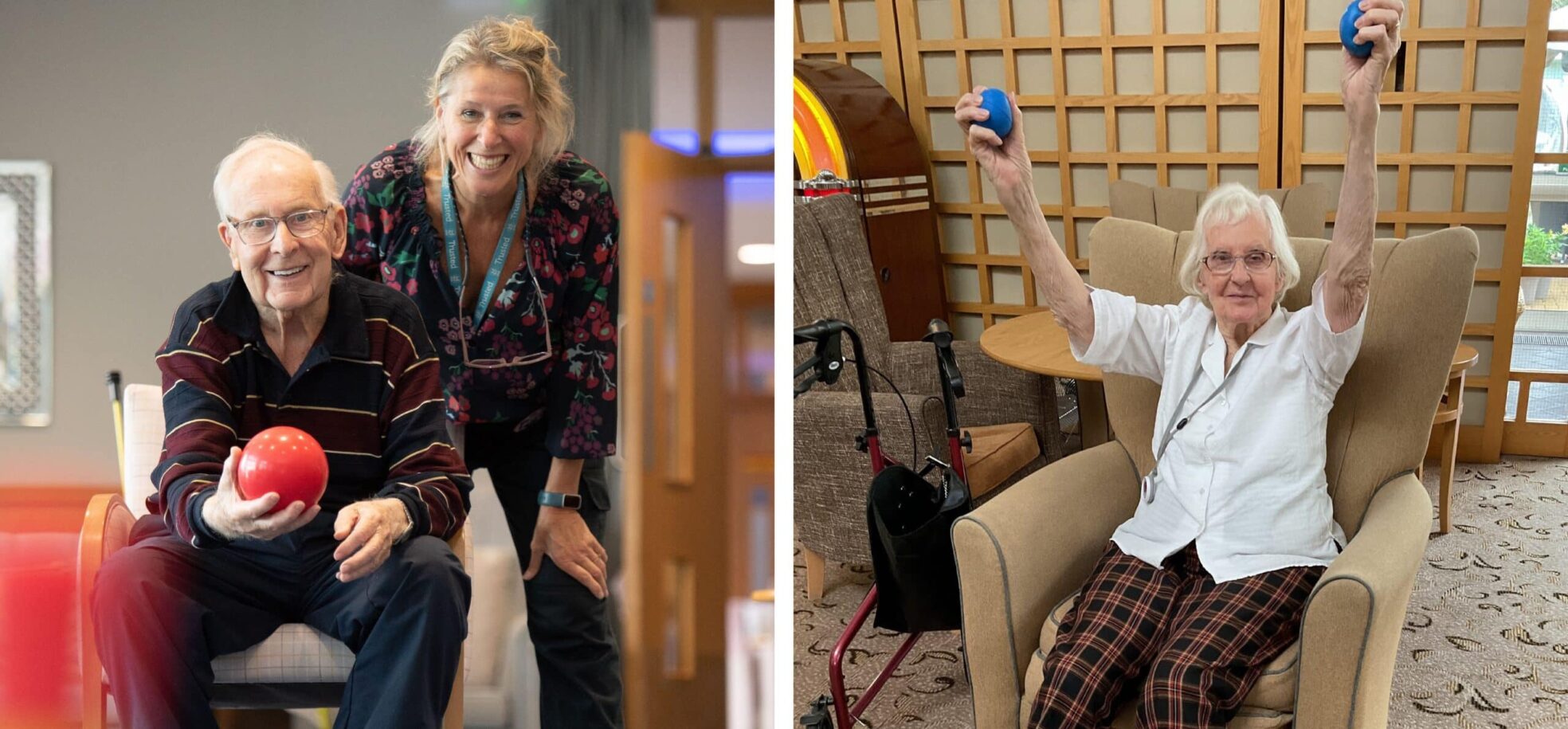 Left: Care home resident Gary enjoys a game of boules whilst Activities Coordinator Fran cheers him on at Connaught Court, in York. Right: Care home resident Jean tries hand strengthening exercises at Prince Michael of Kent Court, in Watford.