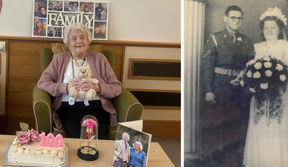 Left: Care home Queen Elizabeth Court resident Sheila Oatway with her cake, gifts and a birthday card from the King and Queen Consort in celebration of her 100th birthday. Right: Sheila Oatway aged 22 with her husband Albert on their wedding day in July 1947