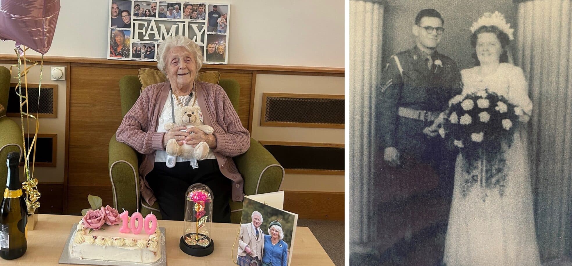Left: Care home Queen Elizabeth Court resident Sheila Oatway with her cake, gifts and a birthday card from the King and Queen Consort in celebration of her 100th birthday. Right: Sheila Oatway aged 22 with her husband Albert on their wedding day in July 1947