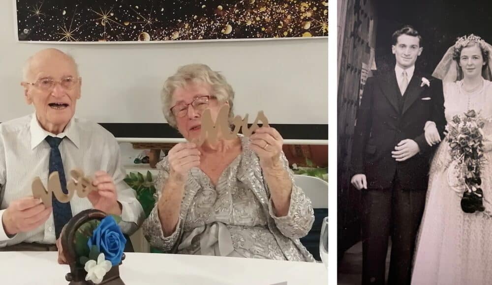 Left: Residents John and Eileen Atkins celebrate their wedding anniversary at RMBI Care Co. Home Scarbrough Court, in Cramlington, Northumberland. Right: Residents John and Eileen Atkins on their wedding day in 1955 at Scarbrough Court in Northumberland.