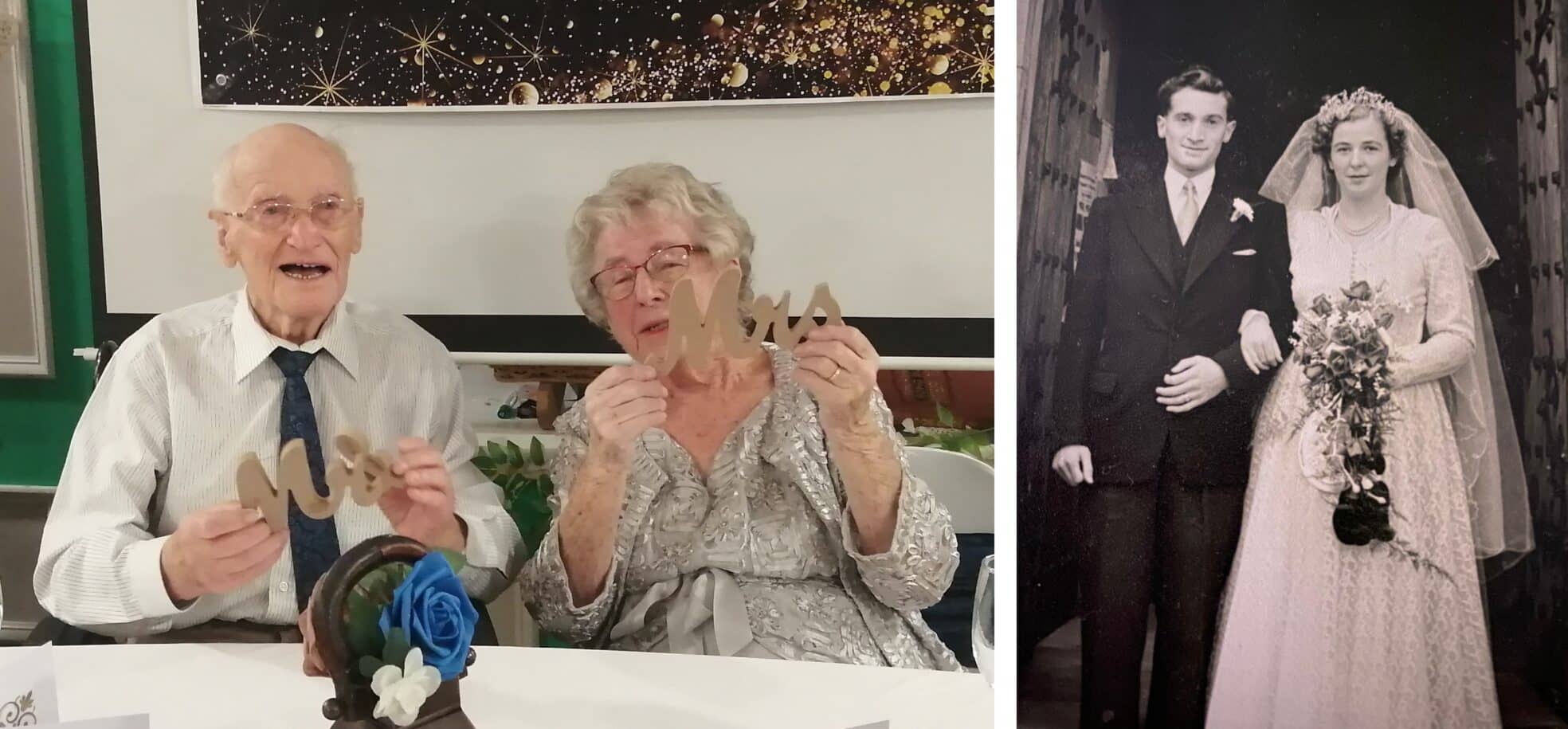 Left: Residents John and Eileen Atkins celebrate their wedding anniversary at RMBI Care Co. Home Scarbrough Court, in Cramlington, Northumberland. Right: Residents John and Eileen Atkins on their wedding day in 1955 at Scarbrough Court in Northumberland.