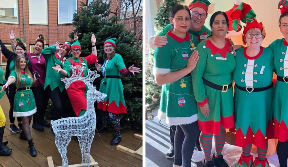Staff at RMBI Care Co. Homes Cadogan Court (left), in Exeter, and Devonshire Court (right) in Leicester dressed up as Santa’s elves for Elf Day 2025.