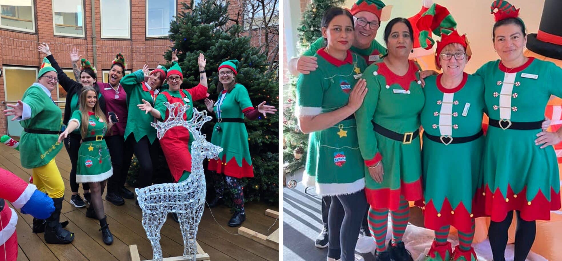 Staff at RMBI Care Co. Homes Cadogan Court (left), in Exeter, and Devonshire Court (right) in Leicester dressed up as Santa’s elves for Elf Day 2025.