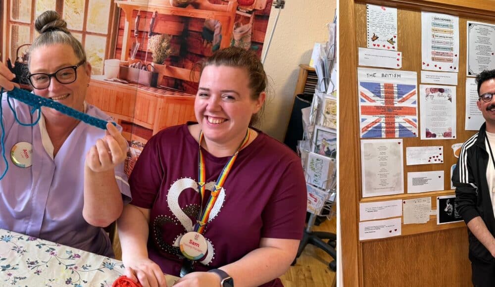 (L): Staff members Ann and Sam enjoy crocheting at RMBI Home Albert Edward Prince of Wales Court, in Porthcawl. (R): Staff member Delcio posing with the all the poetry entries at RMBI Home James Terry Court, in South Croydon.