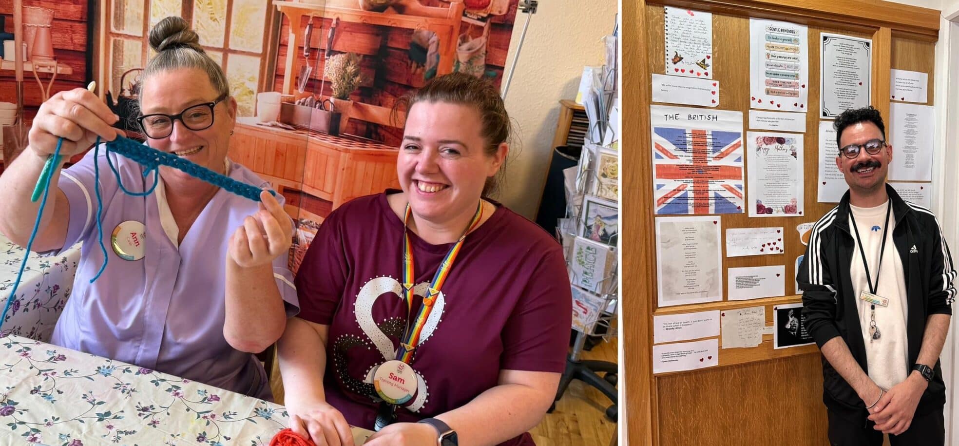 (L): Staff members Ann and Sam enjoy crocheting at RMBI Home Albert Edward Prince of Wales Court, in Porthcawl. (R): Staff member Delcio posing with the all the poetry entries at RMBI Home James Terry Court, in South Croydon.