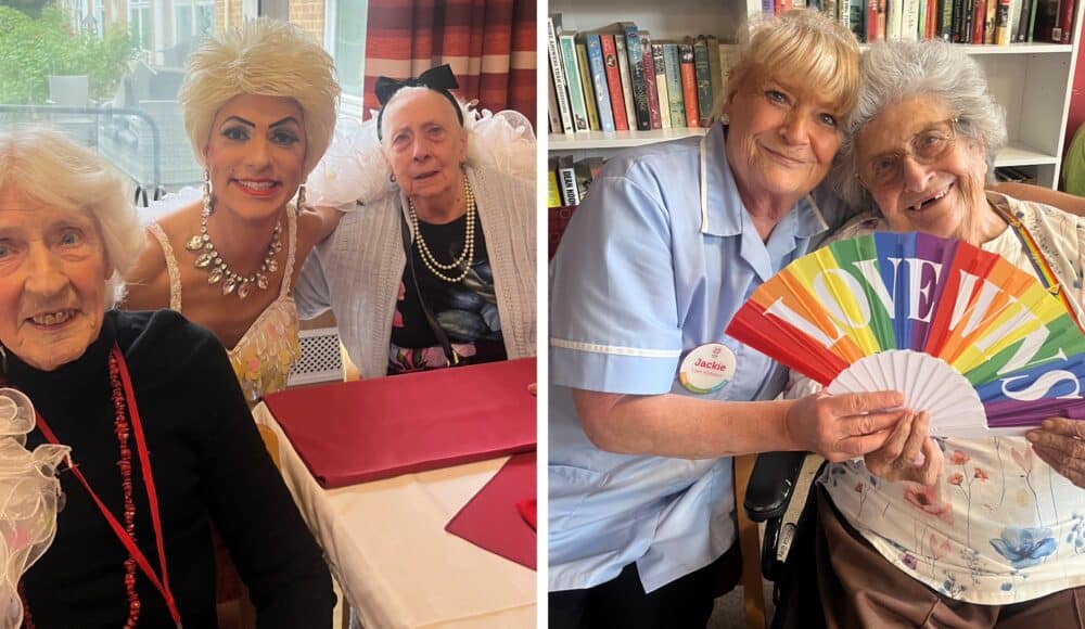 (L) Residents Pam and Coral celebrate Pride Month with Miss Dot Com. (R) Staff member Jacki celebrating Pride Month with resident Pat.