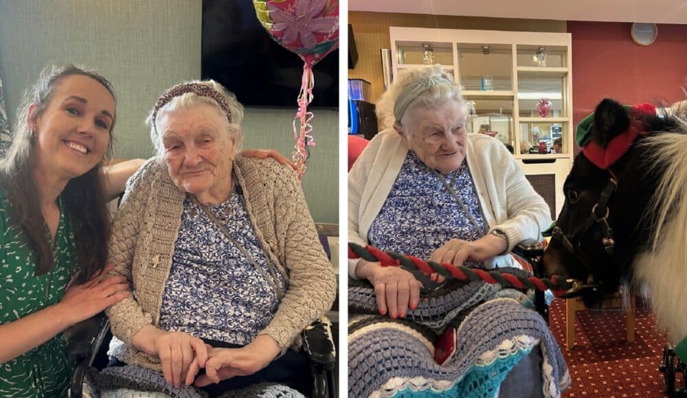 (Left) Resident Mary celebrating her 102nd birthday with Activities Coordinator Rachael at RMBI Care Co. Home Queen Elizabeth Court, in Llandudno. (Right) Mary is delighted to meet Sparkles, a Shetland pony at Queen Elizabeth Court, in Llandudno.