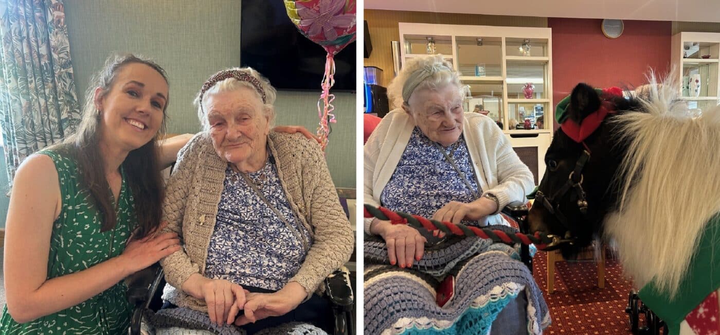 (Left) Resident Mary celebrating her 102nd birthday with Activities Coordinator Rachael at RMBI Care Co. Home Queen Elizabeth Court, in Llandudno. (Right) Mary is delighted to meet Sparkles, a Shetland pony at Queen Elizabeth Court, in Llandudno.