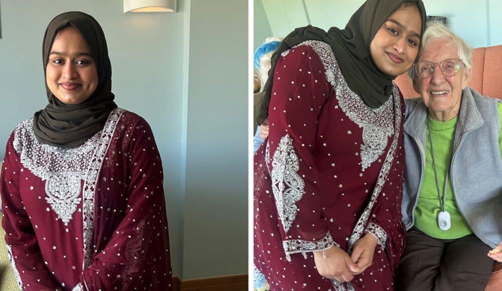 (Left) Staff member Sanji in a beautiful traditional Bengali abaya at Queen Elizabeth Court, in Llandudno. (Right) Staff member Sanji with resident Phyllis.