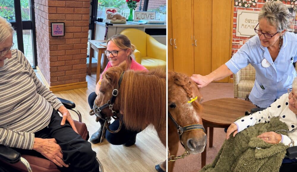 (L): Resident Sue is delighted to meet Minnie with Donna Chalk. (R): Resident Hazel and staff member Si petting Minnie.