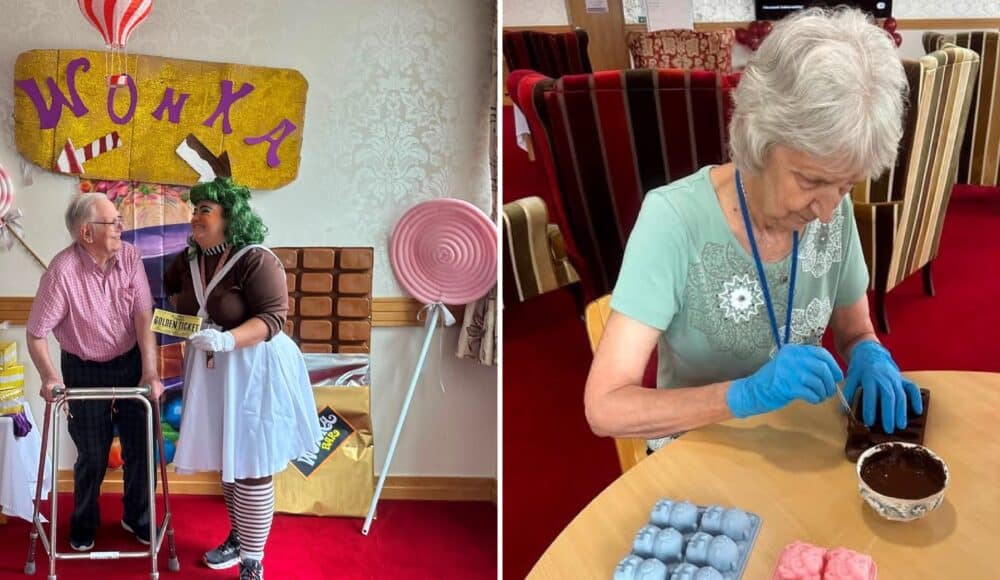 Image 1: Clive shares a laugh with Activities Coordinator, Hayley, who dressed up as an Oompa Loompa for a fun-filled Charlie and the Chocolate Factory themed event at Devonshire Court care home, in Leicester. Image 2: Resident Rae tries her hand at making her own chocolate using a mould at Devonshire Court, in Leicester.