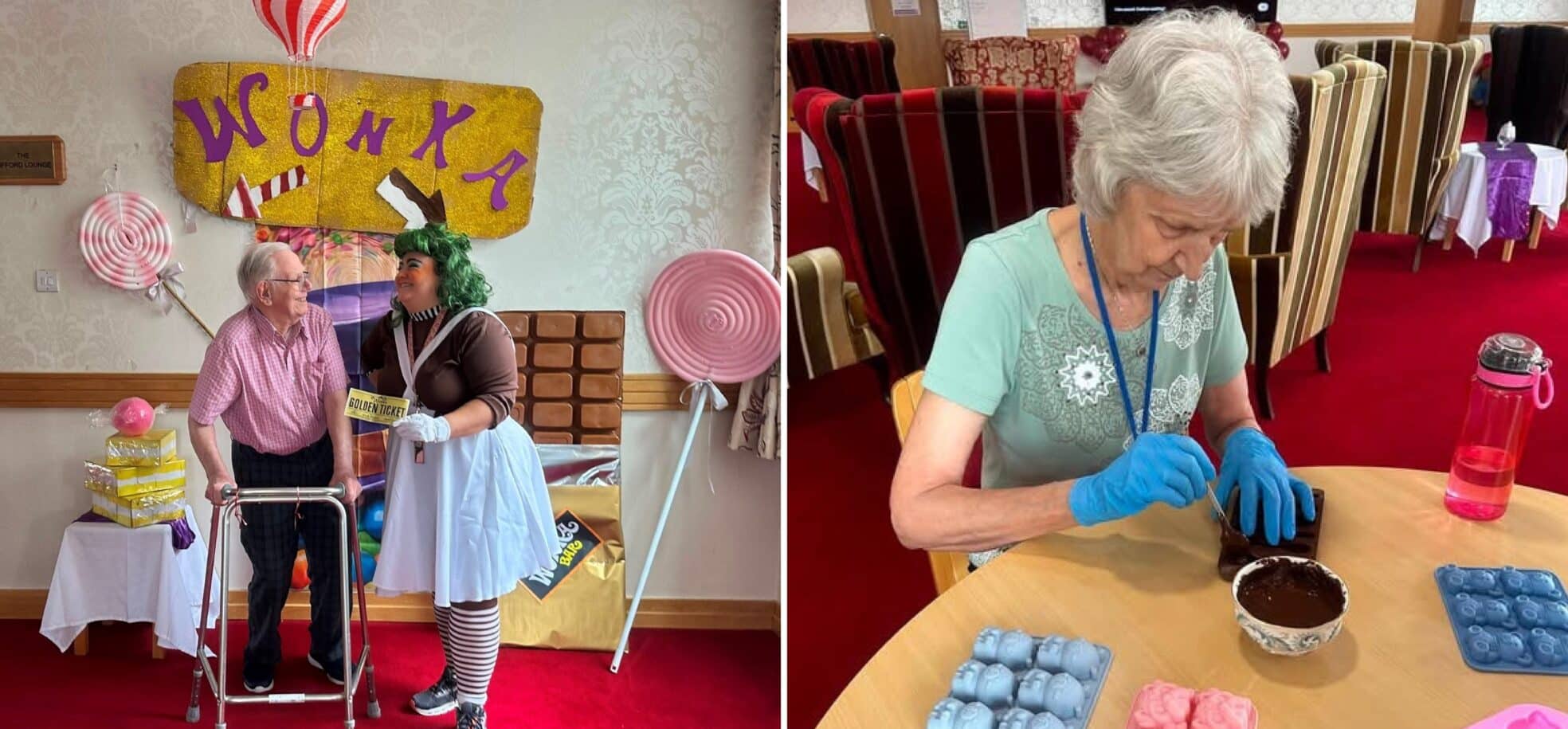 Image 1: Clive shares a laugh with Activities Coordinator, Hayley, who dressed up as an Oompa Loompa for a fun-filled Charlie and the Chocolate Factory themed event at Devonshire Court care home, in Leicester. Image 2: Resident Rae tries her hand at making her own chocolate using a mould at Devonshire Court, in Leicester.