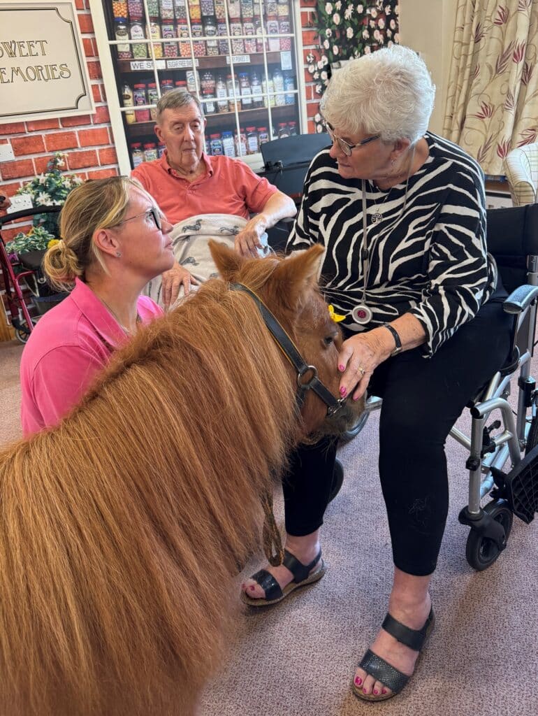 Residents Barbara and Bob are delighted to meet Minnie, the Shetland pony, along with Donna Chalk at RMBI Home Cadogan Court, in Exeter
