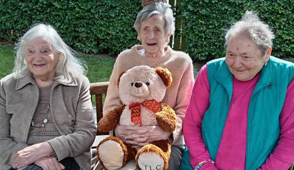 Residents Heather, Brenda and Joan at RMBI Care Co. Home Scarbrough Court, in Cramlington, Northumberland enjoying a teddy bears’ picnic